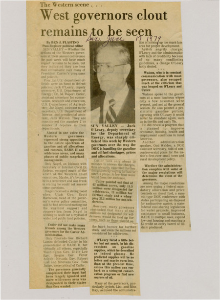 A newspaper article detailing the anger of western governors at the carter administration for ignoring their recommendations on energy and land use policy. The major point of contention was wilderness designations.