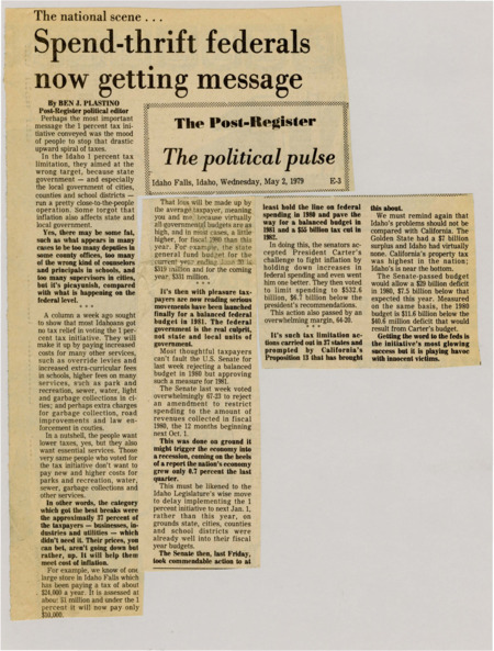 A newspaper article detailing the economy's downturn and what the federal, state, and local governments are doing about it.