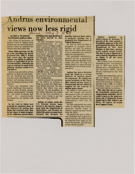 A newspaper article detailing Secretary of interior Cecil Andrus' positions on the federal environmental policy affecting Idaho. He discusses topics like public land, wilderness designations, and his support for nuclear projects.