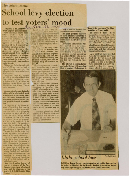 A newspaper article discussing the implications of a School levy vote. The article notes how its testing voters willingness to approve spending on public resources. Image labeled "Idaho school boss."