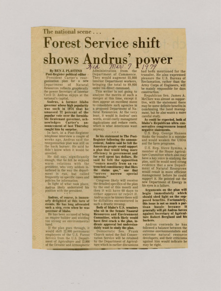 A newspaper article discussing new federal department reorganizations. The article discusses the new powers Secretary of Interior and former Idaho governor Cecil D. Andrus is gaining and his fight with the department of agriculture.
