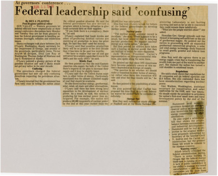 A newspaper article detailing western governors criticism of the federal government's handling of the energy crisis. Topics of discussion are the funding of nuclear power, regulation of the oil and gas industry, and foreign policy concerning the middle east.