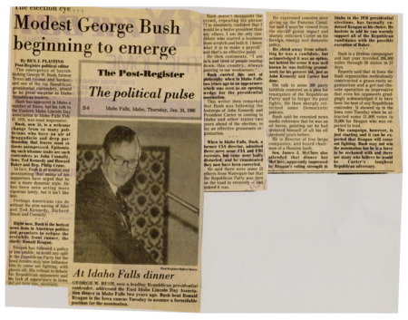 A newspaper article discussing the political future and potential of George H.W. Bush especially in the 1980 presidential election. The article believes he would be Carters toughest Republican challenge. Image labeled "At Idaho Falls dinner."
