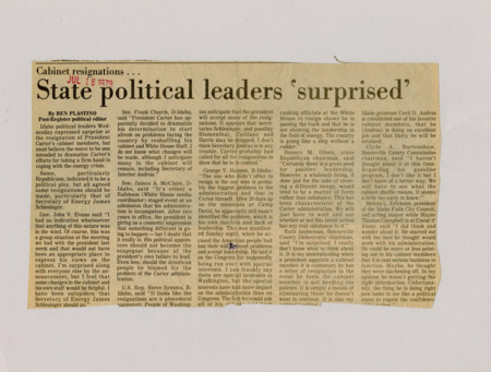 A newspaper article documenting the reactions from Idaho leaders to the presidential cabinet shuffling and mass resignations. Carter explains the shuffling as way to get new ideas to help solve the energy crisis.
