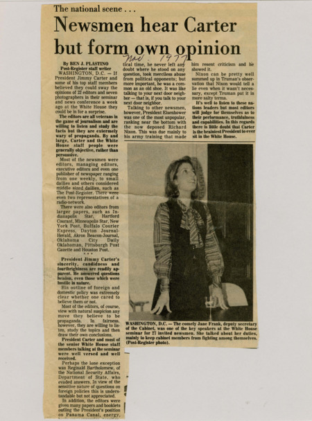 A newspaper article detailing a press event at the White House. The press event discussed multiple topics related to foreign policy, and energy policy. Plastino commends President Carter's ability to answer questions concisely. Image labeled "Washington, D.C."