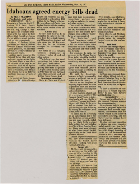 A newspaper article detailing the opinions and actions of Idahoans in congress. The vast majority believe that all energy policies are dead in the water. Other topics such as the ERA and nuclear waste were also discussed.