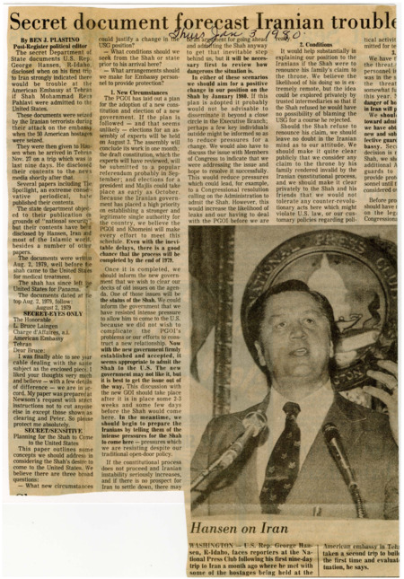 A newspaper article detailing a secret document forecasting political turmoil in Iran. There's also discussion on future political dealings with Iran. Image labeled "Hansen on Iran."