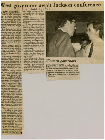 A newspaper article detailing the upcoming western governors conference and the topics discussed. The key speaker secretary of the interior James Watt will be discussing future environment policy. Image labeled "Western governors."