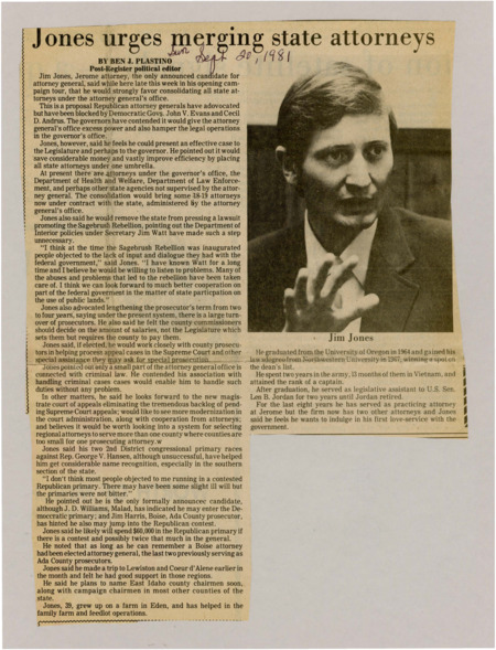 A newspaper article discussing Idaho AG Jim Jones' support for merging all state employed attorneys under the attorney general's office. Image labeled "Jim Jones."