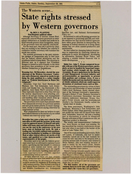 A newspaper article detailing western governors desires for more autonomy in terms of range land and over all public land discussions. This is in the context of the western governors conference.