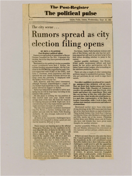 A newspaper article detailing rumors of opposition to Idaho falls Mayor Thomas Campbell. The author describes the possible candidates to run for both mayor and city council positions.
