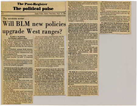 A newspaper article discussing possible changes to BLM land management under the new Reagan administration. The changes would be better cooperation with land users and finding economic growth opportunities.