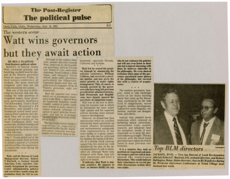 A newspaper article detailing secretary of interior James Watts winning the approval of several governors at the western governor conference. Watts favored more conservative policy pertaining to the use of public lands. Image labeled "Top BLM directors."