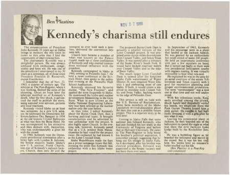 A newspaper article detailing Plastino's memories of John Kennedy. He notes the two times he was able to interview Kennedy and the charisma he exuded. Plastino thought highly of him. Image labeled "Ben Plastino."