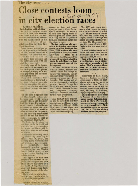 A newspaper article detailing the close elections in the Idaho falls local race. The backstory of some of the candidates are discussed as well as how they are campaigning.