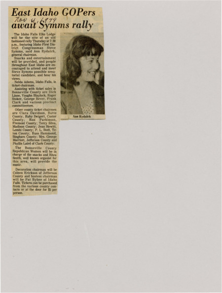 A newspaper article detailing the preparations by east Idaho legislators for Senatorial candidate Steve Symms political rally. Image labeled "Ann Rydalch."