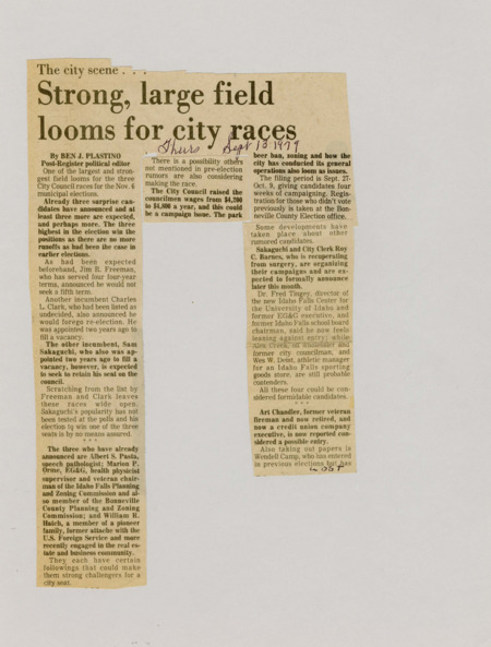 A newspaper article the increasingly competitive Idaho Falls city council race with several surprise candidates. A portion of the article is lost.