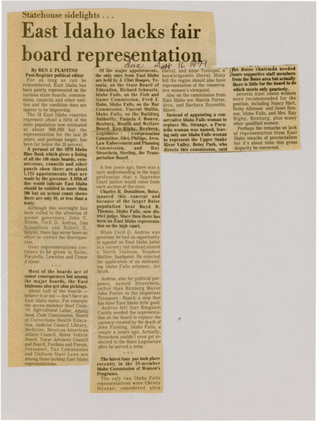 A newspaper article detailing the lack of representation of East Idahoans on several key state boards. Plastino hopes this disparity can be corrected in the immediate future.