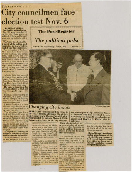 A newspaper article detailing the Idaho Falls municipal election. The author expects less turnout because the mayor isn't in the race. Image labeled "Changing city hands."