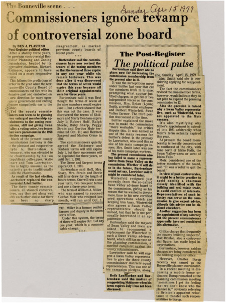 A newspaper article discussing the reforms in the Bonneville zoning and planning board with establishment of rotating seats. However Plastino criticizes that the reforms have not achieved what was campaigned on with Swan Lake not getting a seat on the enlarged board and appointing controversial commissioners.