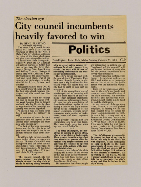 A newspaper article documenting the popularity of the city council and their strong chances to win reelection. The article also discusses Idaho Falls municipal governments finances and claims they have one of the best financial track records in the state.