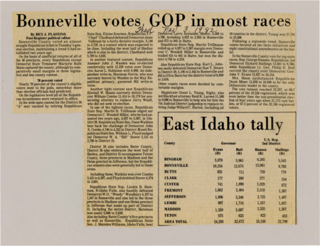 A newspaper article documenting how East Idaho voted in the general election with strong leaning towards the GOP. Table labeled "East Idaho Tally."