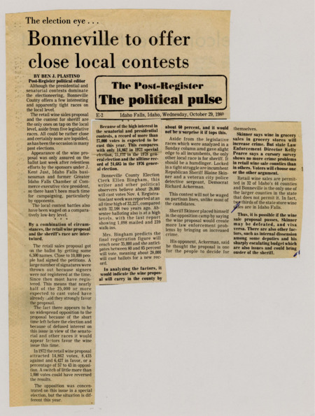 A newspaper article detailing how close the Bonneville municipal election is with salient topics under heavy scrutiny namely the wine proposal and candidates positions on it.