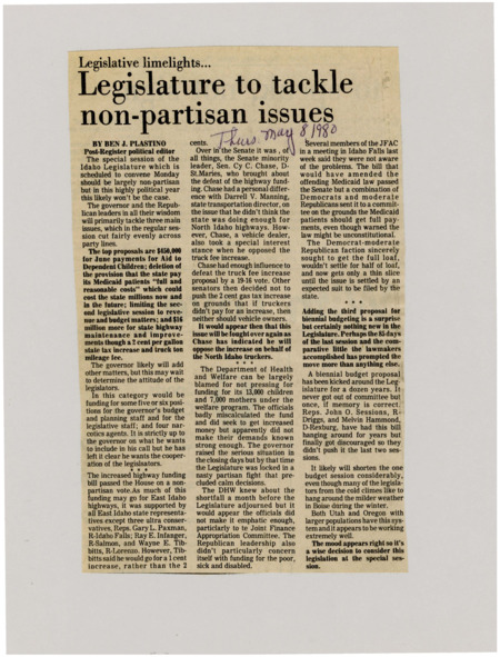 A newspaper article discussing the upcoming special legislative session that will focus on a proposal for payments for Aid to Dependent Children, removing a provision that the state pay for Medicaid patients, limiting the second legislative session to revenue and budget matters, and funds for highway maintenance and improvements.