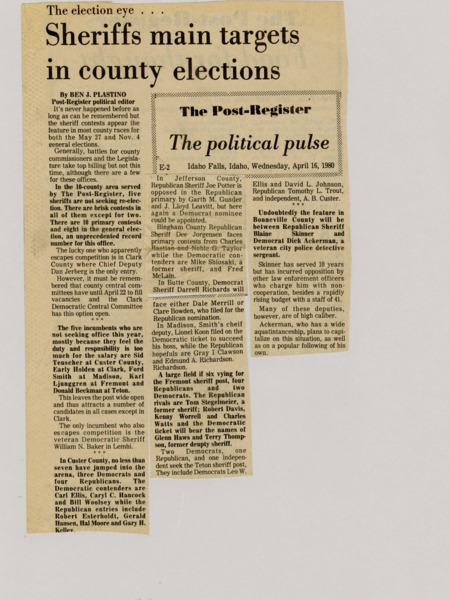 A newspaper article discussing the large number of sheriff races that will be up for election in both the May 27 and November 4 election in 1980. The eight Eastern Idaho county sheriff contest are briefly covered.