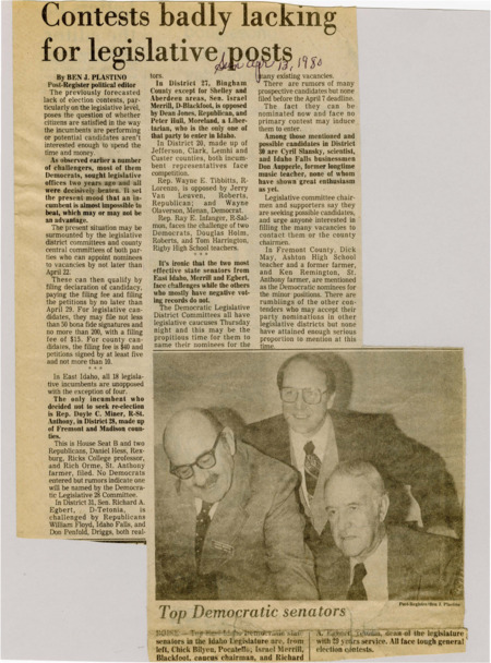 A newspaper article discussing the factors that might be causing a lack of contests for legislative seats. The few legislative contests in East Idaho are examined.