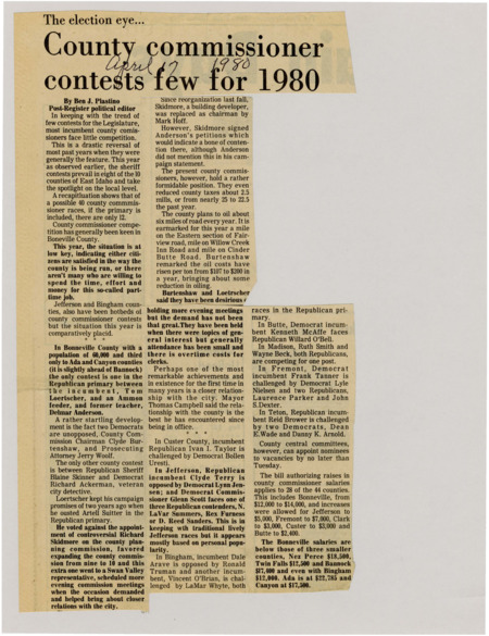 A newspaper article discussing how few incumbent county commissioners are facing challengers for the 1980 election. Only 12 races of the 40 county commissioners have actual contests.
