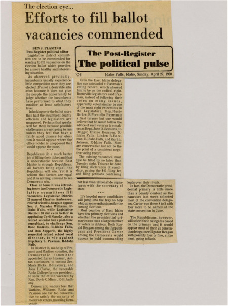 A newspaper article expressing approval of efforts by both the Republicans and the Democrats to fill vacancies on the election ballot. The primary elections for the two parties and the allocation of delegates is also discussed.
