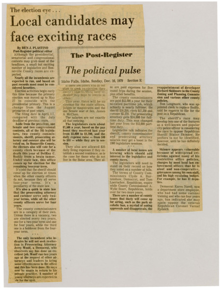 A newspaper article discussing the upcoming 1980 election and how it may be an unusually exciting election for Bonneville County offices. The offices up for election will be president, senator, two representatives, 105 state legislators, two county commissioners, sheriff, prosecuting attorney, and coroner. Bonneville County will also be holding a special election for county clerk after the passing of DelRoy C. Bodily, the previous county clerk.