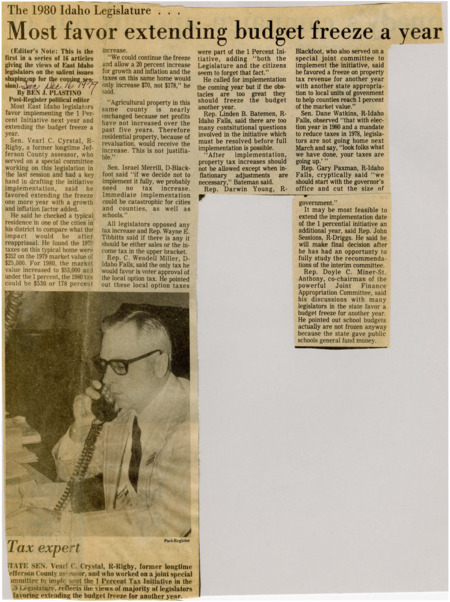 A newspaper article discussing the opinions of East Idaho legislators favoring the implementation of the 1 Percent Initiative during the next legislative session. Senators and representatives from Rigby, Blackfoot, Idaho Falls, Driggs, and St. Anthony give brief statements about their views of the upcoming budget and what the mandate of the 1978 election was. One photograph is included subtitled "Tax expert".