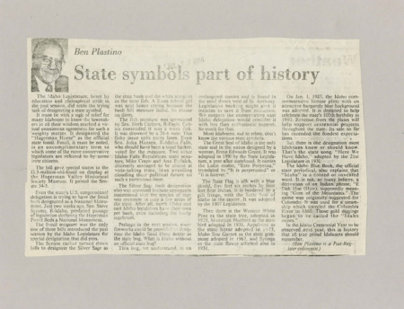 A newspaper article discussing the vote the Idaho legislature held to determining the "Hagerman Horse" the state fossil, and the two unsuccessful votes to determine the state fish and state bush. Other state symbols are described, including the Great Seal of Idaho, the State Flag, tree, bird, and flower. A photograph of Ben Plastino is included in the left corner of the article.