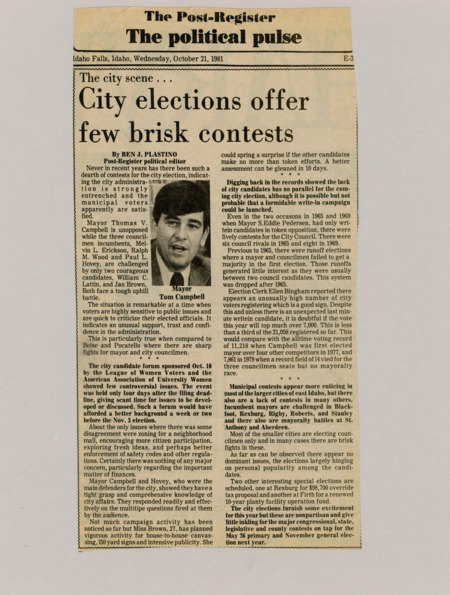 A newspaper article discussing the lack on contests in the upcoming city elections and how that indicates the municipal voters are largely satisfied with the city administration. One photograph is included subtitled "Mayor Tom Campbell".