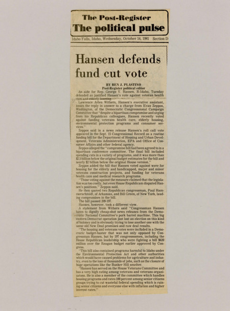 A newspaper article about Representative George V. Hansen's office defending his vote against veteran health care and elderly housing.
