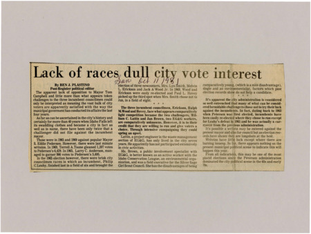 A newspaper article discussing the reasons behind the lack of challengers for the incumbent mayor of Idaho Falls and three city councilmen. There may be additional write in candidates, but history shows those are seldom successful.