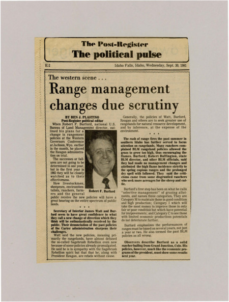 A newspaper article about the potential changes to the United States Bureau of Land Management rangement policies.  One photographs is included subtitled "Robert F. Buford".