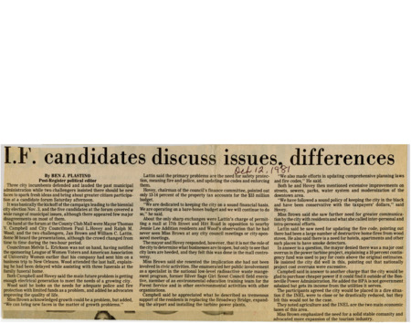 A newspaper article discussing a League of Women Voters candidate forum where three incumbent candidates and two challengers argued various topics including energy generation, updating and enforcing civil codes, and tax policy.