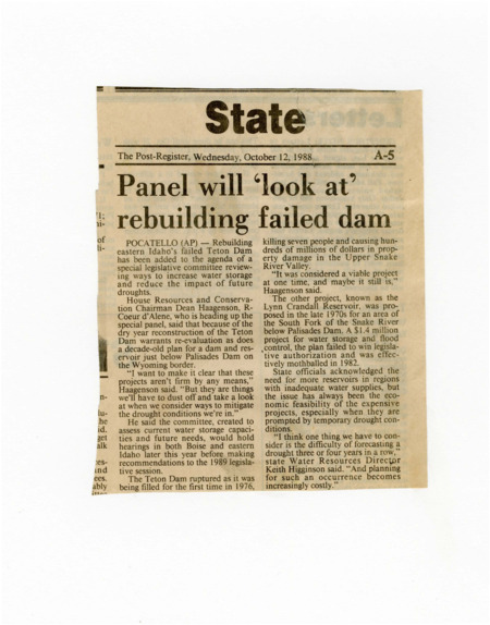 A newspaper article about the special legislative session committee that will be evaluating if the Teton Dam should be rebuilt or if there is a need to address regional drought in other ways.