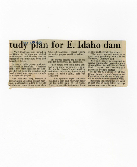 A newspaper article about the study done on the Teton Dam and the likelihood of a new dam being built in the region.