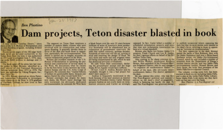 A newspaper article discussing the novel "Cadillac Desert," by Marc Reisner, which takes a critical stance on the U.S. Bureau of Reclamation's dam building project. Reisner's novel covers the Teton Dam and attempts to provide perspective on President Carter, Idaho politicians, and local figures.
