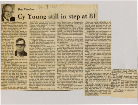 A newspaper article highlighting Cy Young, a former Senator, and his life in Fremont county. Young was named "Water Guardian" for his work on water management.