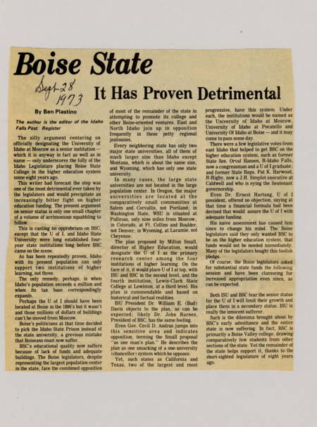 A newspaper article discussing the conflict between Boise State College and the University of Idaho in terms of funding, prestige, and status as legislators argue to give U of I senior status in the state.