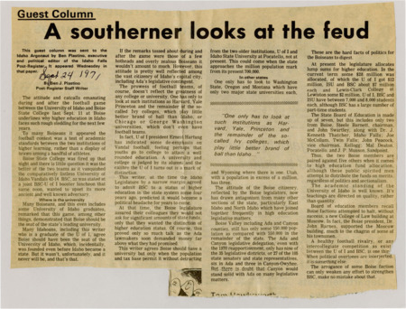 Ben J. Plastino provides a guest article for the Idaho Argonaut to provide an outside perspective of the tension between Boise State College and the University of Idaho after the BSC-U of I football game. Plastino discusses the views of the populace and legislators in regards to the funding and support of the educational institutions.