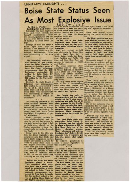 A newspaper article discussing the controversy around higher education funding in the Idaho legislature. The Boise Chamber of Commerce demands higher funding to Boise State University over the University of Idaho and Idaho State University. The State Board of education has different funding recommendations.