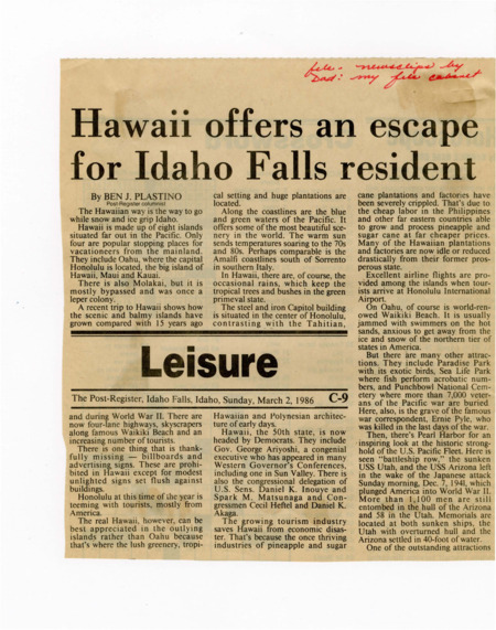 A newspaper article discussing the benefits of visiting Hawaii to avoid the harsh Idaho winter, giving an overview of the Hawaiian islands, their government, local people, and the tourism industry. One photograph is included subtitled "Famous Waikiki Beach attracts many sun worshippers from around the world."