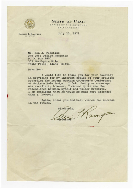 A letter from Governor Calvin L. Rempton to Ben J. Plastino expressing gratitude for interest copies of an article about the Western Governor's Conference.