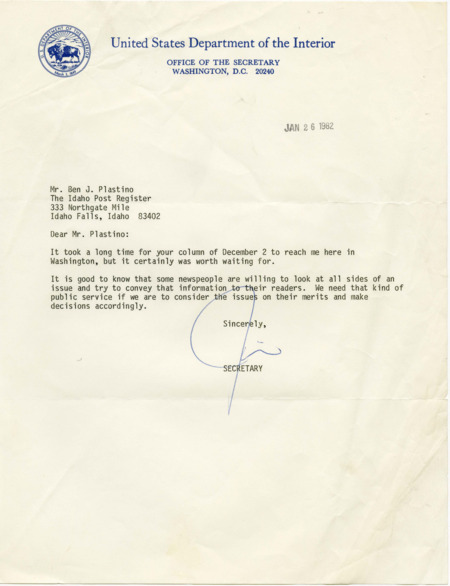 A letter from James G. Watt, Secretary of the Interior, to Ben Plastino about the balanced reporting in the December 2nd column.